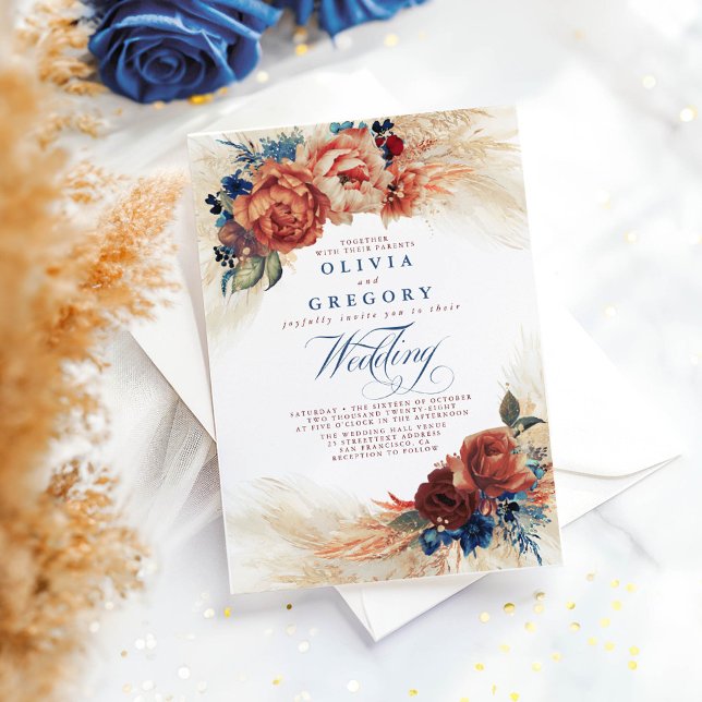 Convites Terracotta e Marinho Blue Floral Elegante Casament (Boho Navy Blue and Terracotta Wedding Invitations)