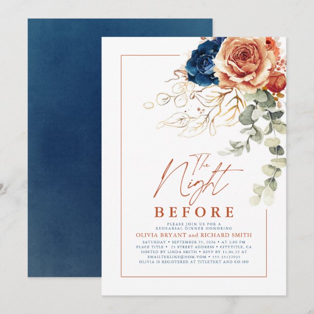 Convites Terracotta e Marinho Janto de ensaio Floral Azul (Frente/Verso)