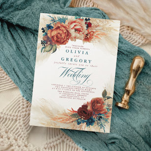 Convites Terracotta e Teal Floral Elegant Boho Wedding