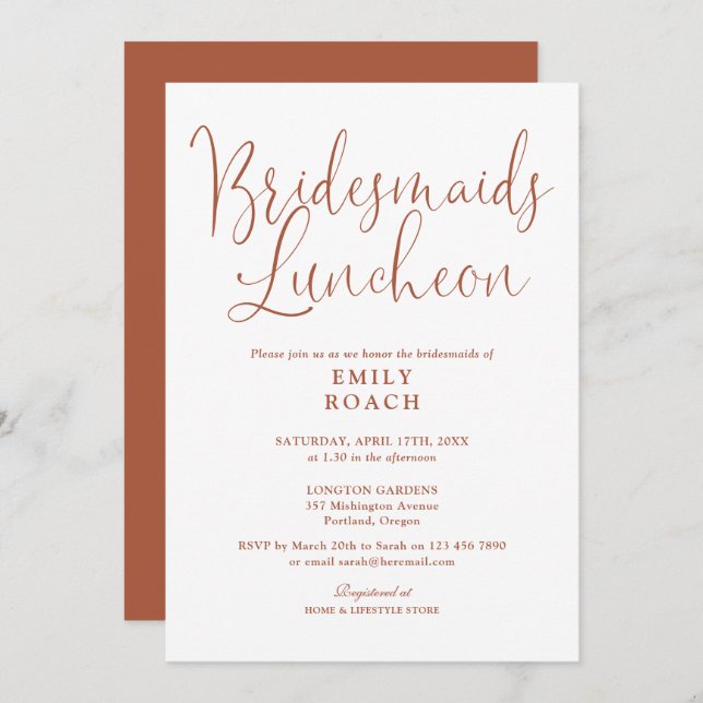 Convites Terracotta Elegant Script Bridesmaids Luncheon (Frente/Verso)
