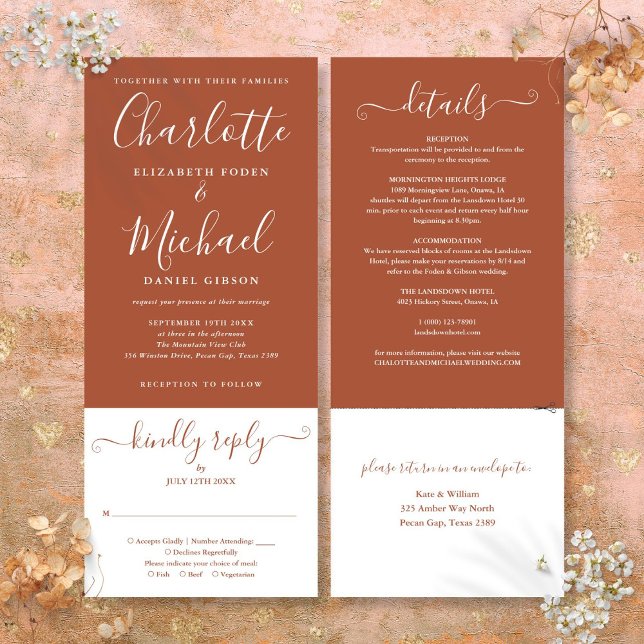 Convites Terracotta Elegant Script Casamento Tudo Em Um  (Terracotta Elegant Script All In One Wedding Invitation)