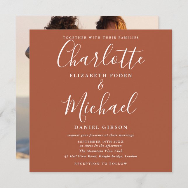 Convites Terracotta Elegant Script Wedding Foto (Frente/Verso)