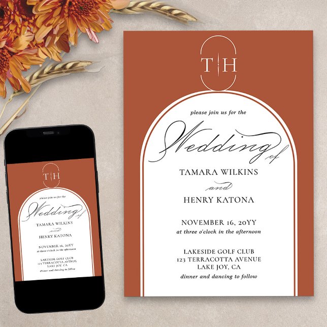 Convites Terracotta Elegante Calliografia Casamento Monogra (Elegant terracotta monogrammed wedding invitation from my Wedding Colors collection)