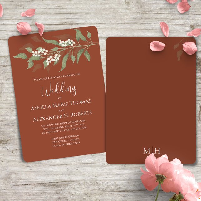 Convites Terracotta Elegante Casamento Verde (Terracotta elegant wedding invitation with watercolor greenery and foliage. )