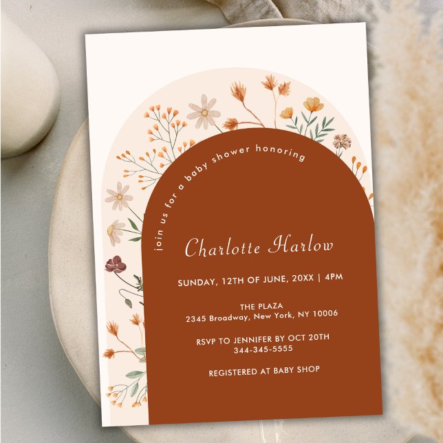Convites Terracotta Fall Boho Chá de fraldas de Aranha de F (Terracotta Fall Boho Wildflower Arch Baby Shower Invitation)