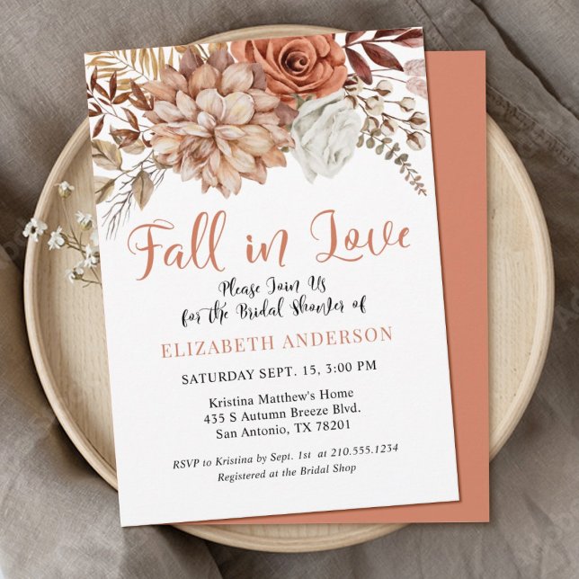Convites Terracotta Fall Boho Floral Chá de panela (An elegant terracotta Autumn themed bridal shower invitation with the, words,"Fall in love")