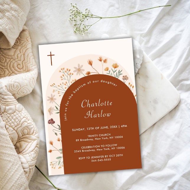 Convites Terracotta Fall Boho Wildflower Arch Cross Baptism (Terracotta Fall Boho Wildflower Arch Cross Baptism Invitation)