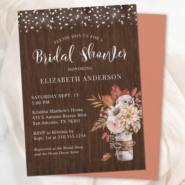 Convites Terracotta Fall Floral Mason Chá de panela (An elegant and rustic Autumn bridal shower invitation, featuring a mason jar filled with flowers.)