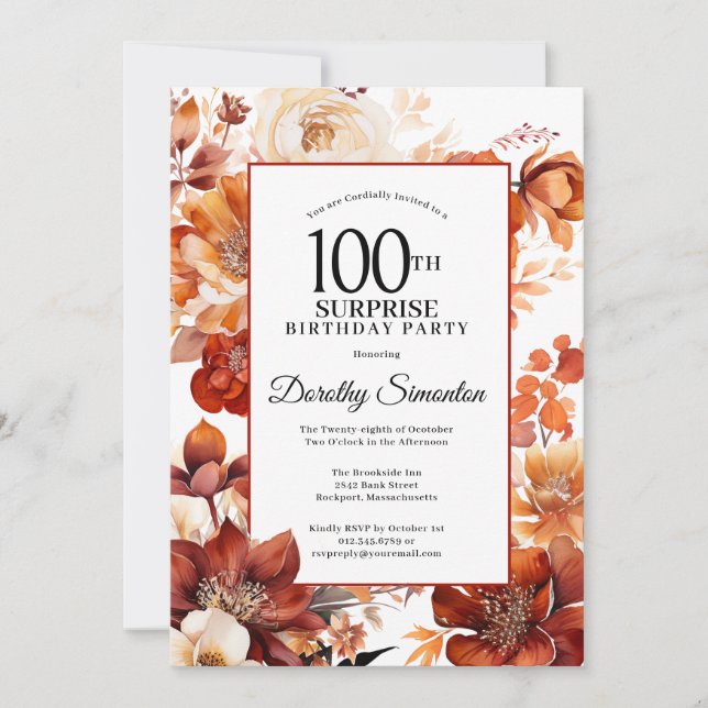 Convites Terracotta Fall Flowers 100th Surprise Birthday (Frente)