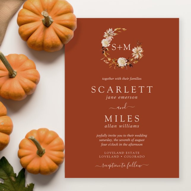 Convites Terracotta Fall Terracotta Monograma Wreath Casame (Terracotta Fall Terracotta Monogram Wreath Wedding Invitation by Painted Paperie
)