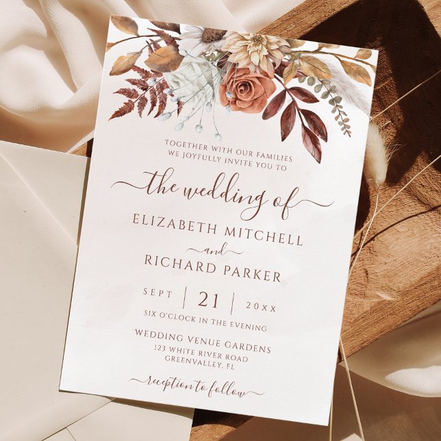 Convites Terracotta Ferrugem Flores Boho Folhagem Outono Ca (Fall in love with this boho wedding invitation. Rust and terracotta colored flowers for a cozy vibe.)