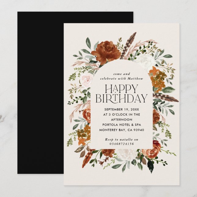 Convites Terracotta floral, aniversário botânico moderno (Frente/Verso)