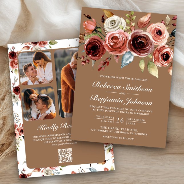 Convites Terracotta Floral Beige Tan QR Code Wedding (Criador carregado)