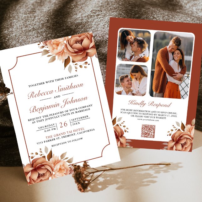 Convites Terracotta Floral Border Foto QR Code Casamento (Criador carregado)