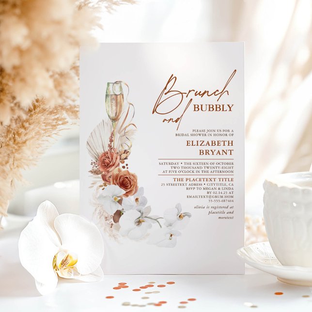 Convites Terracotta Floral Brunch e Chá de panela Bubble (Brunch and Bubbly Bridal Shower Invitations)
