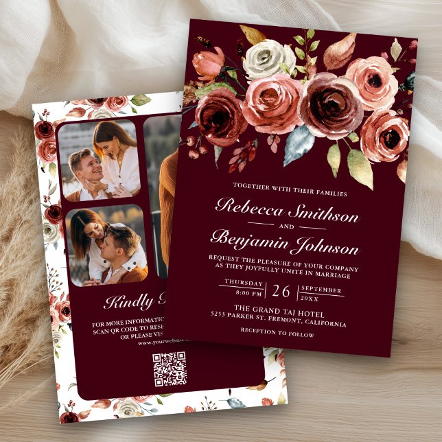 Convites Terracotta Floral Burgundy QR Code Wedding (Criador carregado)