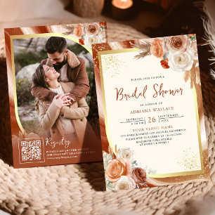 Convites Terracotta Floral Cream Dourado Código QR Chá de p