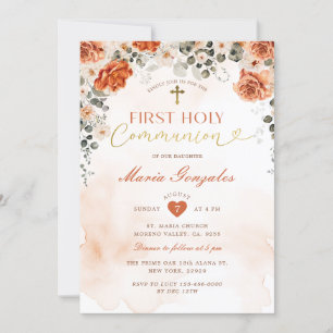Convites Terracotta Floral Cross Girl First Santa Comunhão
