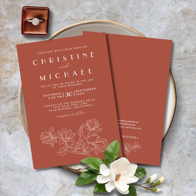 Convites Terracotta Floral Elegante Casamento Formal (Terracotta Floral Elegant Formal Wedding Invitation with Magnolias Line Art, Ivory, Script Fonts.)