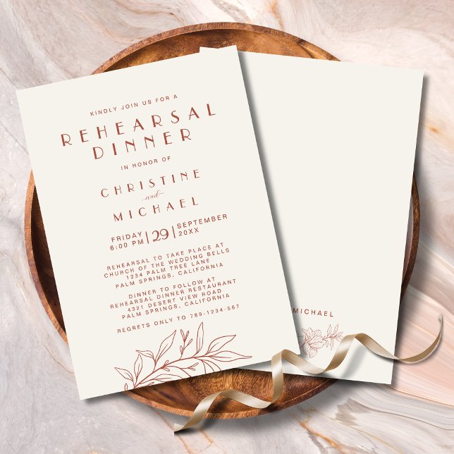 Convites Terracotta Floral Elegante Moderno Ensaio De Casam (Terracotta Floral Elegant Modern Wedding Rehearsal Dinner Invitation with Magnolia Leaves Line Art.)