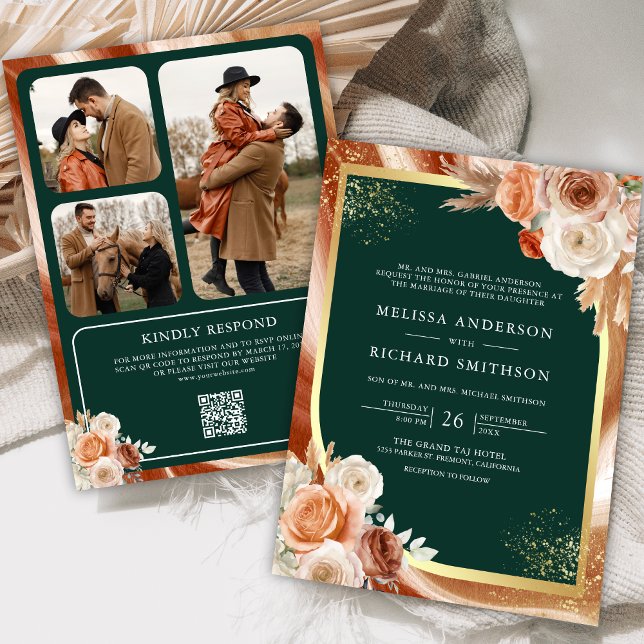 Convites Terracotta Floral Emerald Foto Código QR Casamento (Criador carregado)
