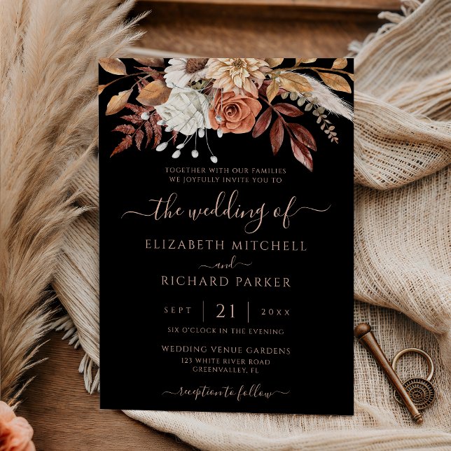 Convites Terracotta Floral Fall Foliage Moody Black Wedding (Criador carregado)