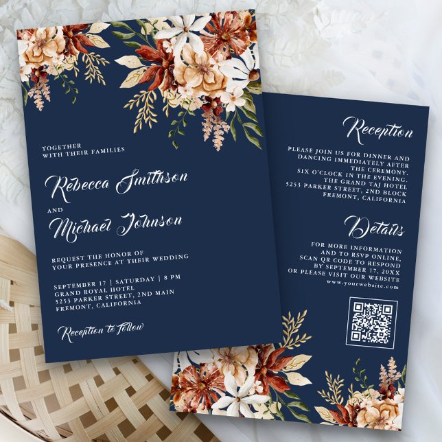 Convites Terracotta Floral Marinho Azul Casamento (Criador carregado)