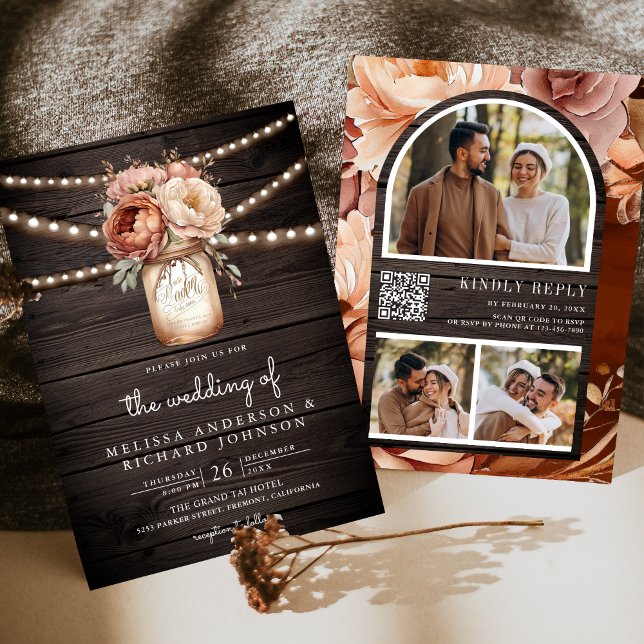 Convites Terracotta Floral Mason Jar Wood Código QR Casamen (Criador carregado)
