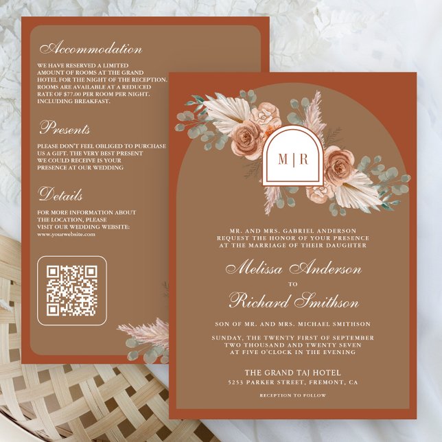 Convites Terracotta Floral Pampas Beige Tan QR Code Wedding (Criador carregado)