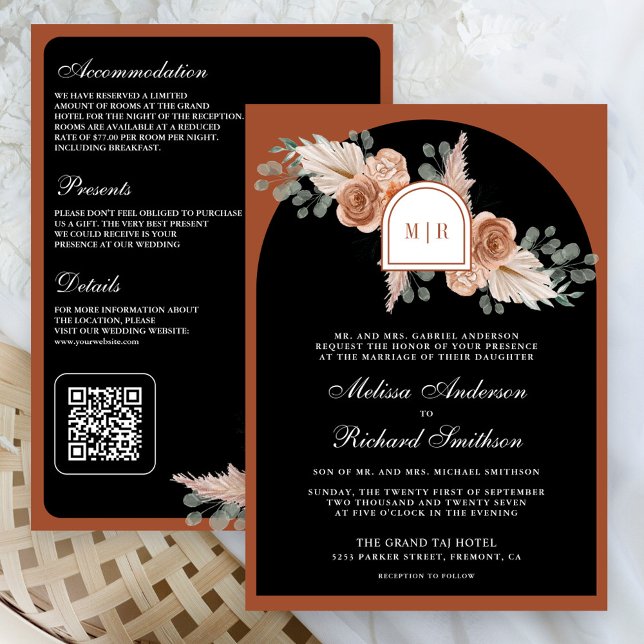 Convites Terracotta Floral Pampas Black QR Code Wedding (Criador carregado)