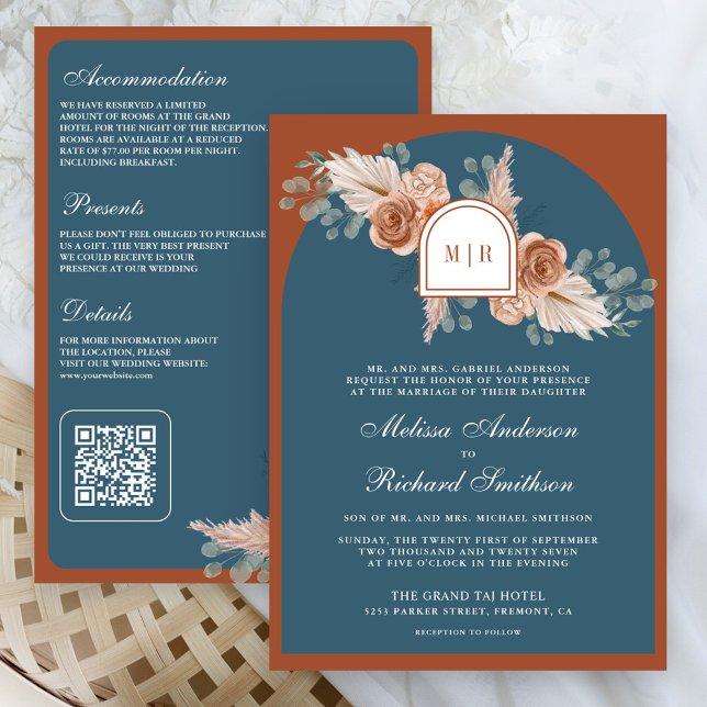 Convites Terracotta Floral Pampas Dusty Blue Wedding (Criador carregado)