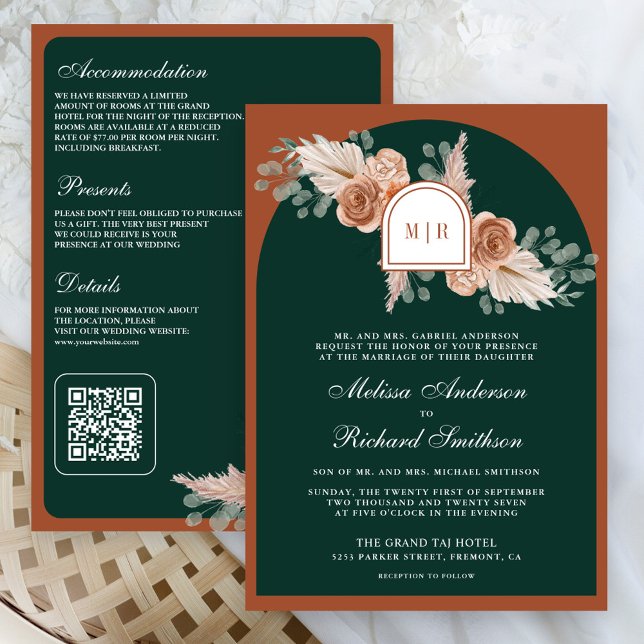 Convites Terracotta Floral Pampas Emerald QR Code Wedding (Criador carregado)