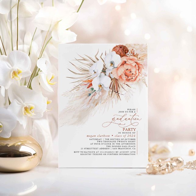 Convites Terracotta Floral Pampas Festa de formatura (Graduation Invitations with White Orchids and Terracotta Foliage)