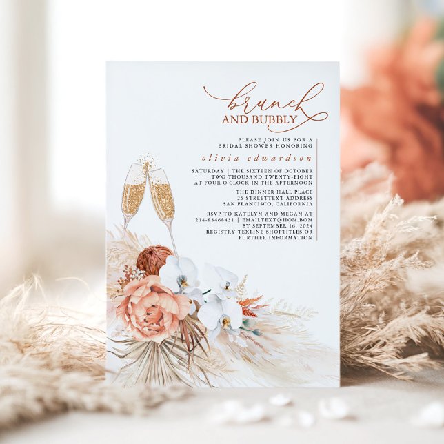 Convites Terracotta Floral Pampas Grass Brunch e Bubble (Floral Terracotta Bridal Shower Invitation - Brunch and Bubbly)