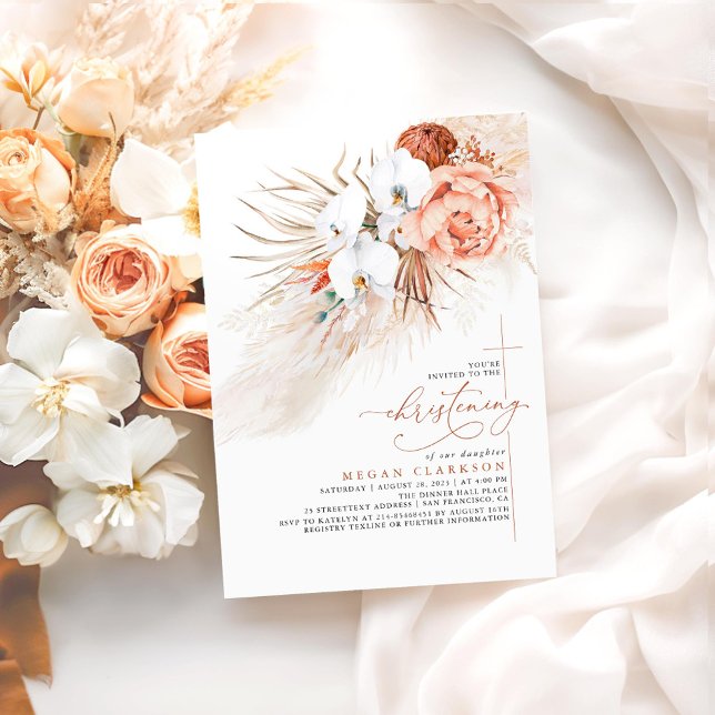 Convites Terracotta Floral Pampas Grass Modern Christening (Terracotta Boho Floral Christening Invitations)