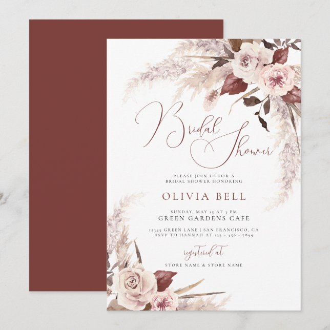 Convites Terracotta Floral Pampas Terthy Boho Chá de panela (Frente/Verso)