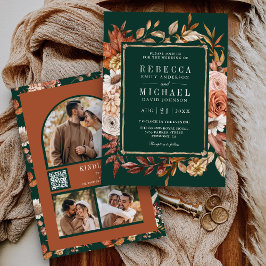 Convites Terracotta Floral Photo QR Code Emerald Wedding