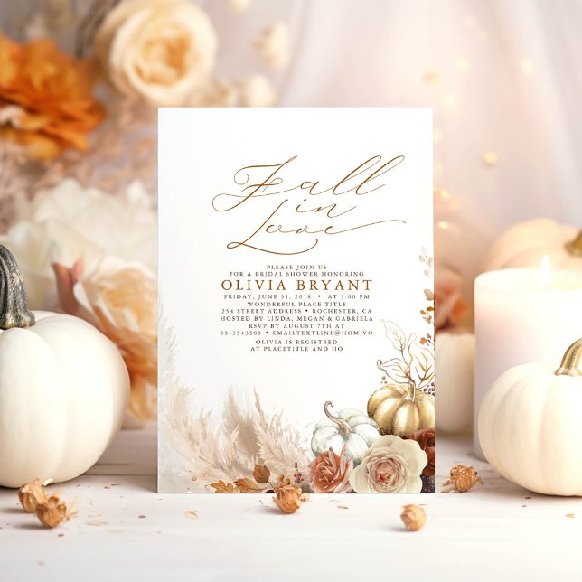 Convites Terracotta Floral Pumpkins Fall Chá de panela (Fall in Love Bridal Shower Invitations featuring Earthy Flowers and Gold Pumpkins)
