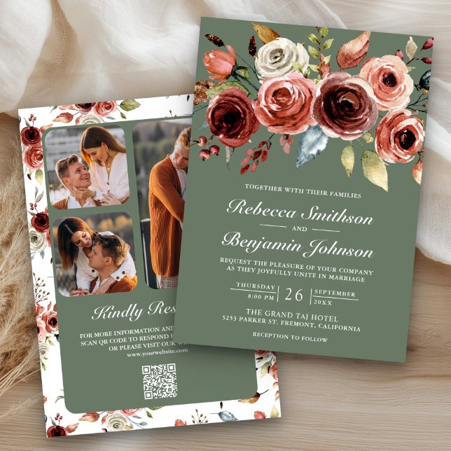 Convites Terracotta Floral Sage Green QR Code Wedding (Criador carregado)