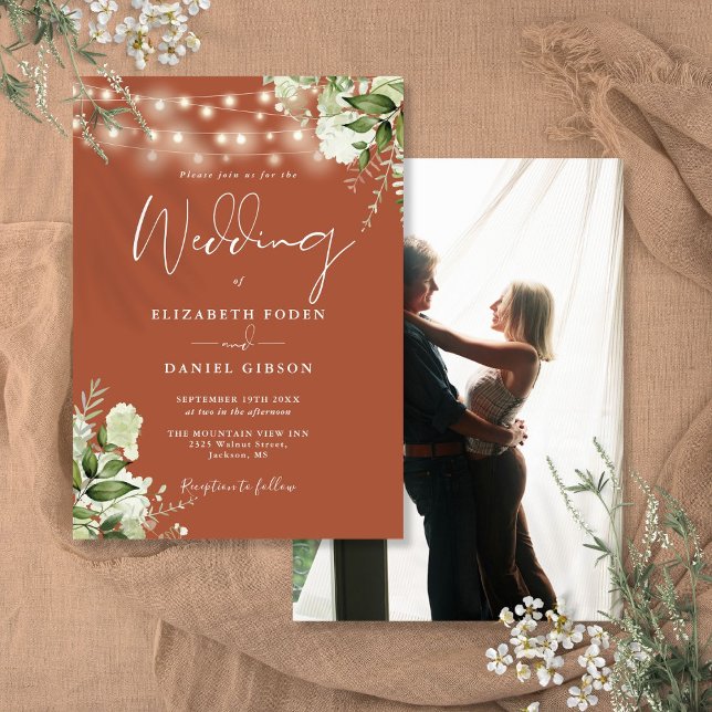 Convites Terracotta Floral String Lights Foto Casamento (Terracotta Floral String Lights Photo Wedding Invitation)