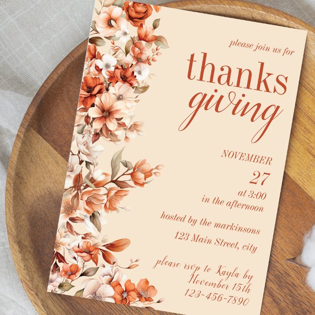 Convites Terracotta Floral Thanksgiving Dinner Invitation (Criador carregado)