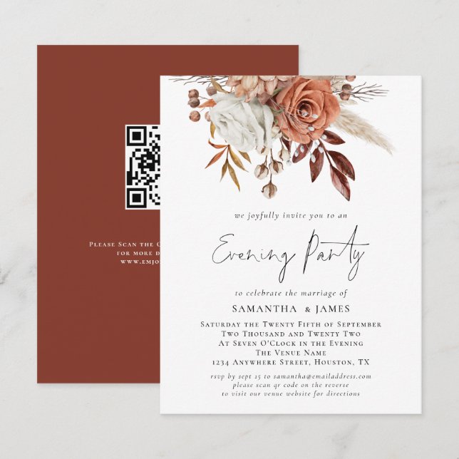 Convites Terracotta Florals QR Code Wedding Noite Party (Frente/Verso)
