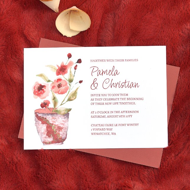 Convites Terracotta Flowers, Casamento de Pote de Cinza Bot (terracotta rust clay pot wedding invitations, floral copper pink flowers and green leaves)