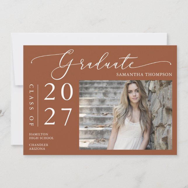 Convites Terracotta Foto de Graduação Escolar de Script Mín (Frente)