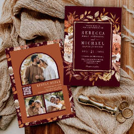 Convites Terracotta Foto Floral Código QR Casamento de Borg
