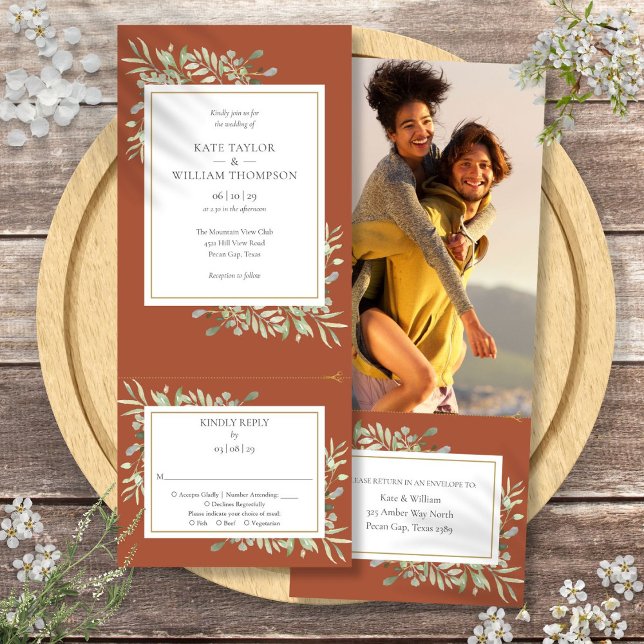 Convites Terracotta Greenery Tudo Em Um Casamento Fotográfi (Terracotta Greenery All In One Photo Wedding Invitation)