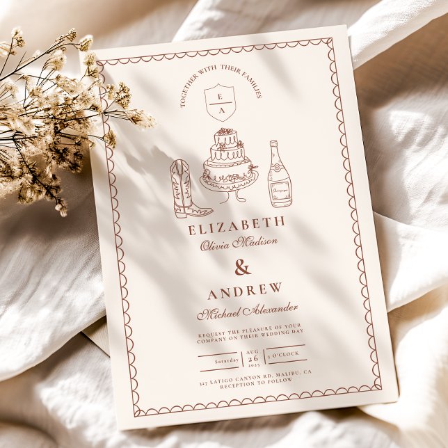 Convites Terracotta Hand Drawn Funky Western Doodle Casamen (Criador carregado)