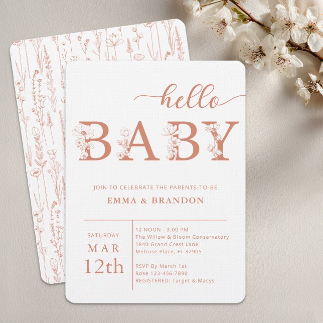 Convites Terracotta Hello Baby Wildflower Invitation (Terracotta Baby Shower Invite)