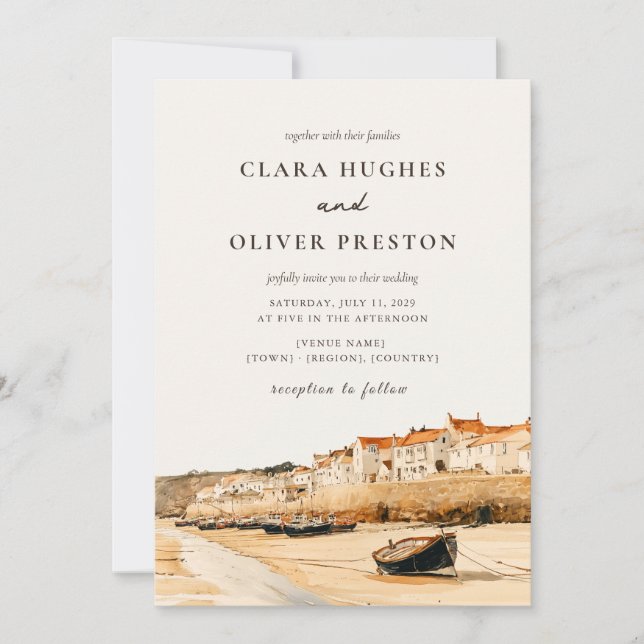 Convites Terracotta Ivory Script Cornwall Harbour Wedding  (Frente)