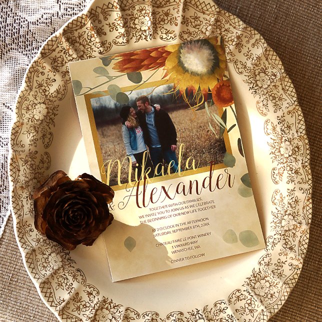 Convites Terracotta King Proteas Eucalyptus Green Fall (Fall Wedding Invitation with Gold Photo Frame and Orange, Gold, Sage Green Fall Plants)